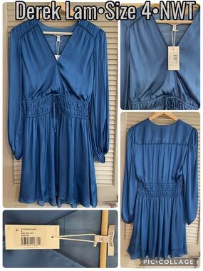 Derek Lam Satin Blue Long-Sleeve Dress